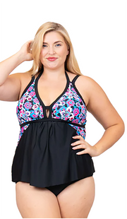 Pink Floral Plus Size Double Strap Tankini Top