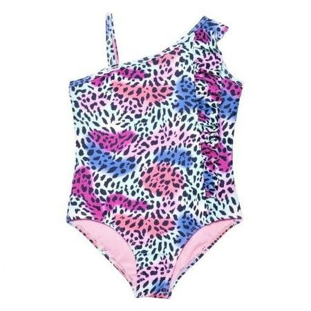 Kensie Girl Cheetah Madness Ruffle UPF 50 One-Piece Beach Pool Swimsuit-Pink / 4T