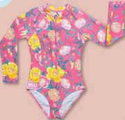 Kids Fuchsia One Piece Long Sleeve Floral Swimsuit