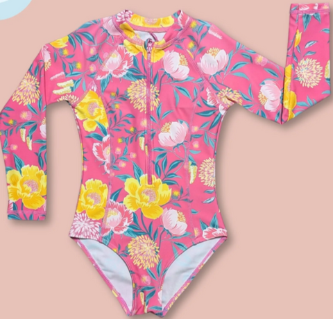 Kids Fuchsia One Piece Long Sleeve Floral Swimsuit