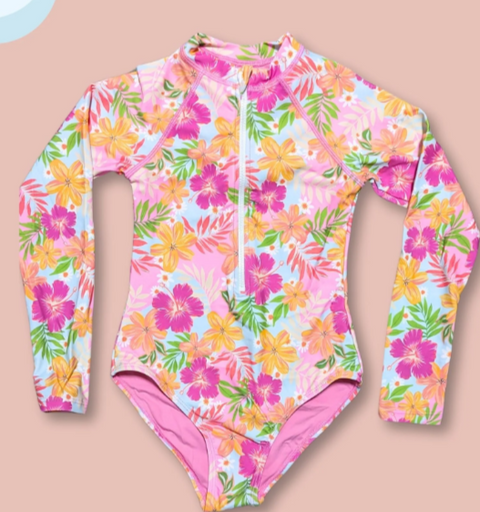 Kid's Zipper Long Sleeve Floral Print One Piece