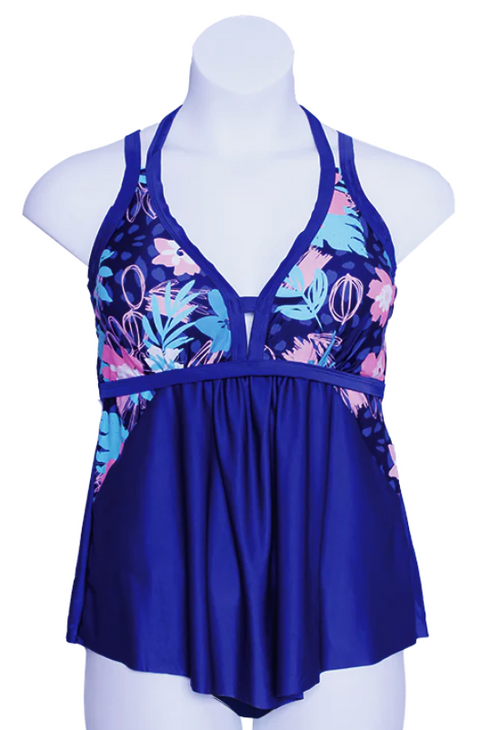 Fashion World Blue Floral Double Strap Tankini Top